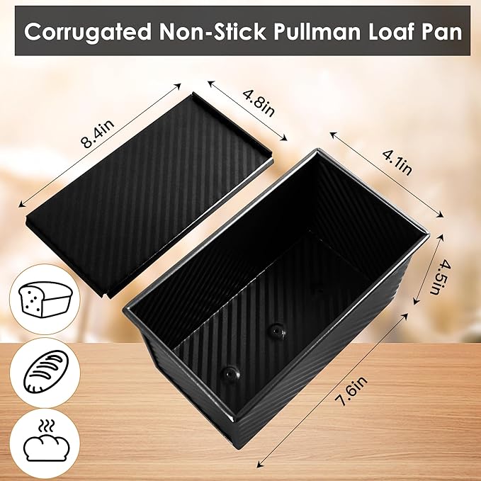 1lb Bread Pan with Dough Scraper Cutter, 8.4 X4.8inch Black Bread Loaf Pan, Rectangular Covered Metal Pullman Loaf Pan with Lid for Homemade Sandwich Bread