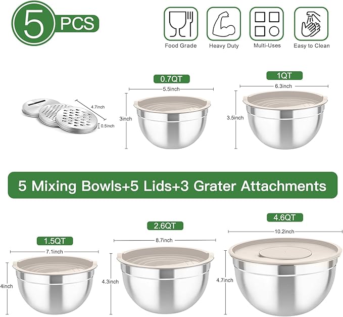 TeamFar Mixing Bowls with Airtight Lids, 5PCS Stainless Steel Metal Salad Bowl with 3 Grater Attachments, for Cooking, Prepping, Serving, Healthy & Easy Clean - 0.7/1/1.5/2.6/4.6QT, Khaki
