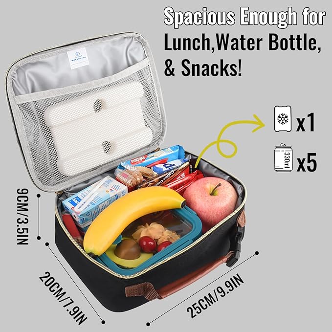 Genteen Lunch Box for Men Women Adults Kids - Insulated Small LunchBox Reusable, Zip Closure & Buckle Handle, Portable Cooler for Work, School, Travel (Black)