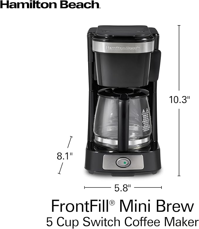 Hamilton Beach 5 Cup Drip Coffee Maker with Easy FrontFill Basket, Compact Design, Works with Smart Plugs, Glass Carafe, Auto Pause and Pour, Black & Stainless Steel (46112)