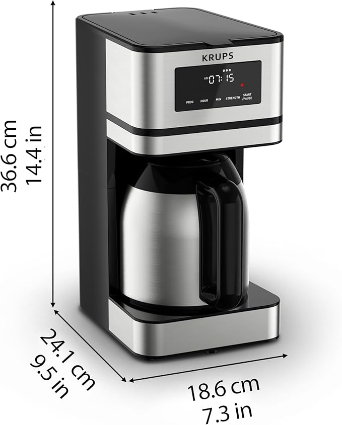 Krups Simply Brew Stainless Steel and Thermal Carafe Drip Coffee Maker 12 Cup Programmable, Customizable, Digital Display, Insulated Coffee Filter, Dishwasher Safe, Drip Free Silver and Black