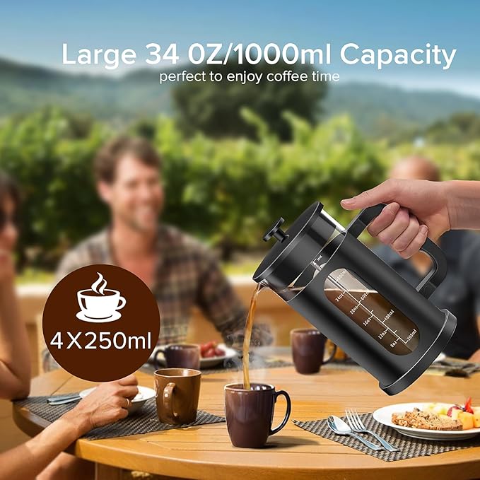 QUQIYSO French Press Coffee Maker, 304 Stainless Steel French Press with 4 Filter, Heat Resistant Borosilicate Glass, Easy to Clean, BPA Free Coffee Press Rust-Free Coffee Maker, 34 ounce, Black