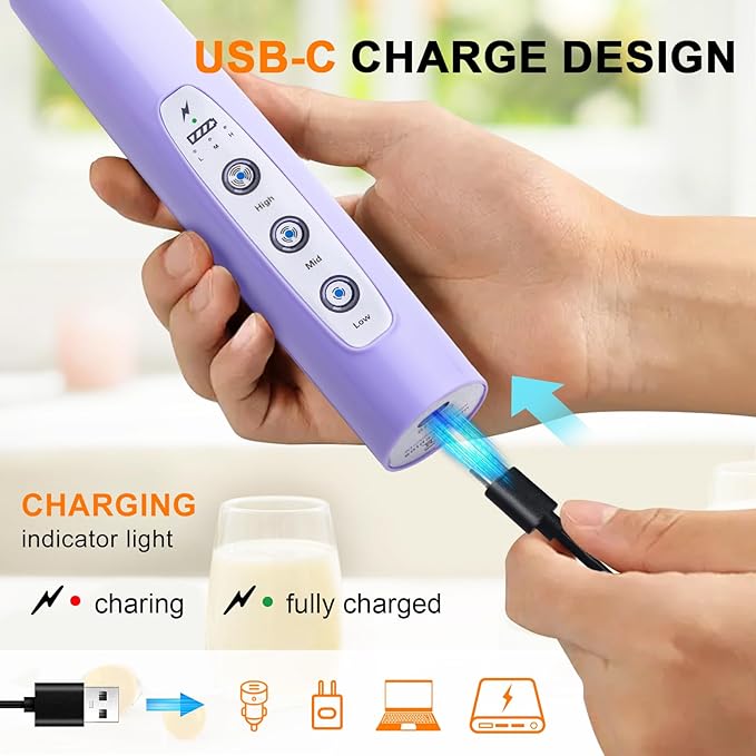 YUSWKO Light Purple Rechargeable Milk Frother for Coffee with Stand, Handheld Drink Mixer with 3 Heads 3 Speeds Electric Stirrers for Latte, Cappuccino, Hot Chocolate, Egg