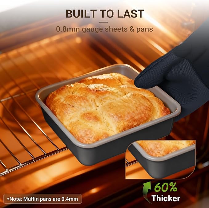 Ammeloo 22-Piece Baking Pans Set Stackable Bakeware Non Stick Baking Set Non Toxic Oven Pans, Including Roasting Pan, Cookie Sheets, Muffin Pans, Cake Pans, Oven Mitts and Utensils(Gray & Stone Black)
