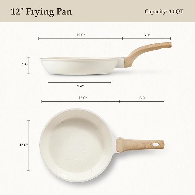 CAROTE Non Stick Frying Pan Skillet, Omelet Pan, Healthy Non Toxic Granite Chef Pan, Induction Compatible Egg Frying Pan with Heat-Resistant Handle, PFOA-Free, Cream White, 12"