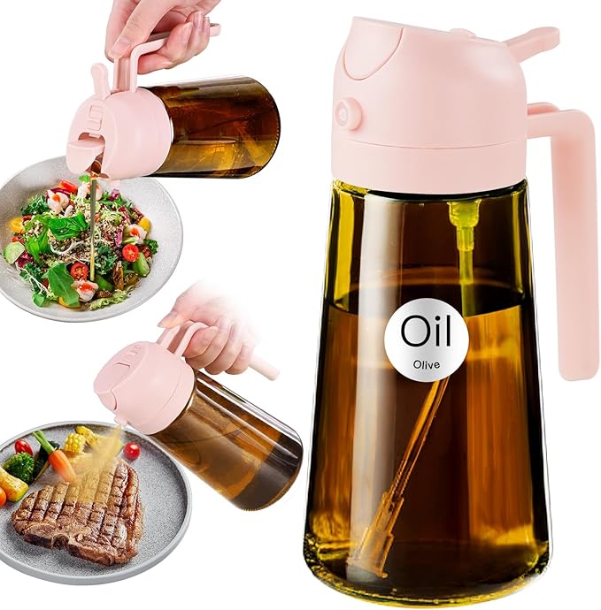 YARRAMATE 16oz/470ml Light Blocking Oil Sprayer for Cooking with Stickers, Food-Grade 2 in 1 Olive Oil Dispenser Bottle for Kitchen, Premium Dark Amber Glass Oil Bottle for Air Fryer, BBQ (PeachPink)