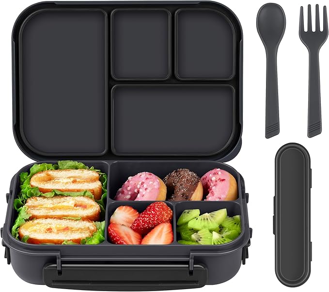 Amathley Lunch Box Kids,Bento Box Adult,Leakproof Lunch Containers for Adults/Kids/Toddler,1200ML-4 Compartments bento Lunch box with Utensil,Microwave & Dishwasher & Freezer Safe (Dark Gray)