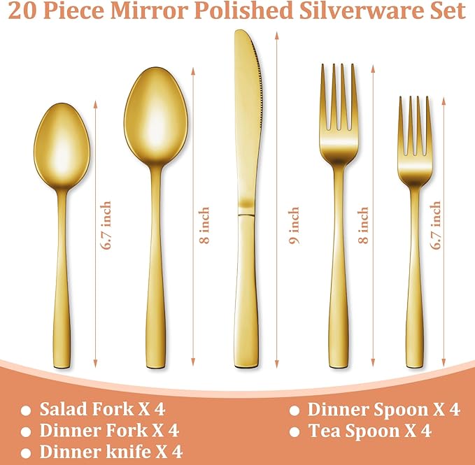 20 Pcs Gold Silverware Set, Stainless Steel Flatware Set for 4, Food-Grade Cutlery Set, Mirror Polished Tableware Eating Utensils Set for Home Kitchen, Include Knife Fork Spoon Set, Dishwasher Safe