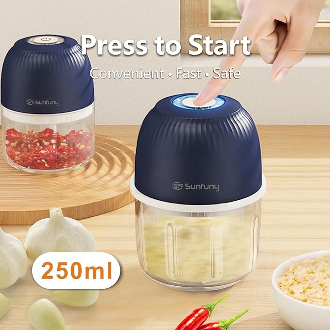 Mini Food Processor Cordless, 250ml Small Garlic Chopper 1 Cup, Battery USB Rechargeable Electric Food Chopper Wireless, Portable Vegetable Meat Blender Kitchen Mixer for Onion, Salad, Baby Food(Blue)