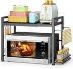 DOLALIKE Microwave Oven Rack, Expandable Microwave Stand Kitchen Countertop Organizer Utensils Storage, Carbon Steel Over Microwave Shelf with 3 Hooks (Black, 2 Tier- With Storage)