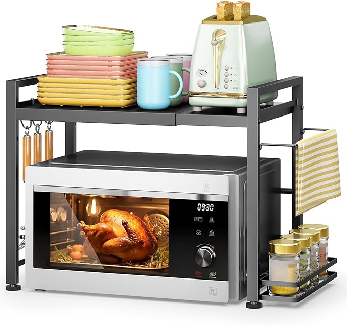 DOLALIKE Microwave Oven Rack, Expandable Microwave Stand Kitchen Countertop Organizer Utensils Storage, Carbon Steel Over Microwave Shelf with 3 Hooks (Black, 2 Tier- With Storage)