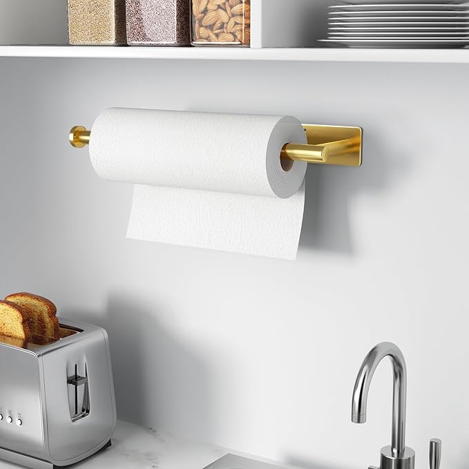 Paper Towel Holder - Self-Adhesive or Drilling, Gold, Wall Mounted, SUS304 Stainless Steel Kitchen Roll Dispenser Under Cabinet