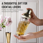 Cocktail Shaker Set with Coupe Glasses – 5-Piece Gift Set Includes Pineapple Glass Shaker with Gold Lid, Jigger, Bar Spoon & 2 Ribbed Gold-Rimmed Glasses – Bartender Kit for Home Bar