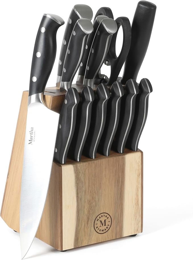Martha Stewart Greeley 14 pc Triple- Riveted Cutlery Knife Acacia Wood Block Set w/Comfort Grip Handles- Black