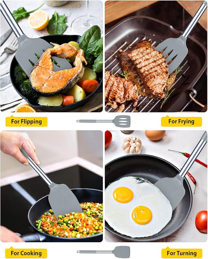 Pack of 2 Silicone Solid Turner, Non Stick Slotted Kitchen Spatulas, High Heat Resistant BPA Free Cooking Utensils, Ideal Cookware for Fish, Eggs, Pancakes(Gray)