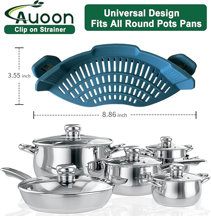 AUOON Clip On Strainer Silicone for All Pots and Pans, Pasta Strainer Clip on Food Strainer for Meat Vegetables Fruit Silicone Kitchen Colander (Fog Blue)
