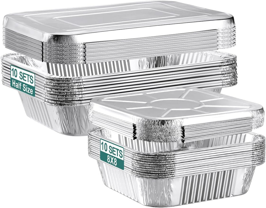 NEEBAKE 20 Set Disposable Aluminum Pans with Lids Assorted Sizes - 10 Large 10.25x12 Foil Pans Half Size & 10 Small 8x8 Tin Foil Baking Pans, Tin Trays Containers for Meal Prep, Food Cooking, Roasting