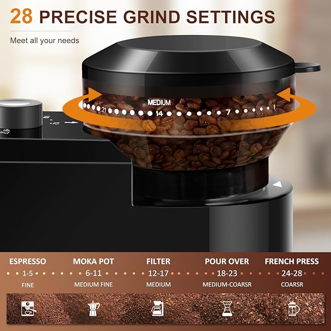 Electric Burr Coffee Grinder,Adjustable coffee grinder with 28 Precise Grind Setting for French Press, Drip Coffee and Espresso,12 Cups, (Black+Gray)