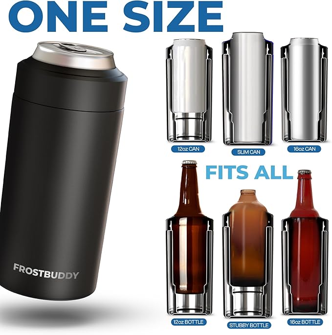 Frost Buddy Universal Can Cooler - Fits all - Stainless Steel Can Cooler for 12 oz & 16 oz Regular or Slim Cans & Bottles - Stainless Steel (Party Peeps)