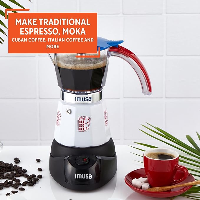 Imusa Special Edition Electric Cuba/Domino themed Espresso Maker, 3 or 6 Cups, White, Red, Blue