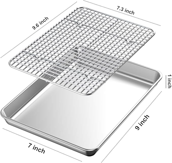 Baking Sheet with Rack Set [2 Pans + 2 Racks], Wildone Stainless Steel Cookie Sheet Baking Pan Tray with Cooling Rack, Size 10 x 8 x 1 Inch, Non Toxic & Heavy Duty & Easy Clean