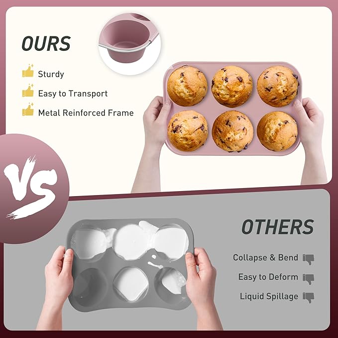 2 Pack 6 Cups Jumbo Muffin Pan with Metal Reinforced Frame Silicone Molds Egg Bites Silicone Circle Cookie Molds Extra Large Muffin Tin Jumbo Tart Pans Baking Sheet Set for Sandwiches
