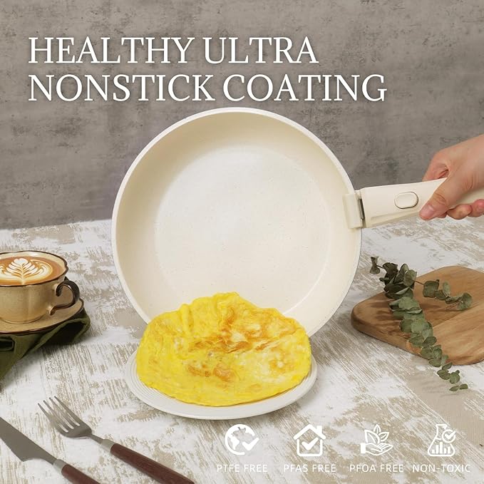 Ceramic Cookware Set Non Stick 8Pcs Pots and Pans Set Detachable Handle Induction Kitchen Cooking Set with Frying Pans Oven Dishwasher Safe, PFAS/PFOA Free, Cream White