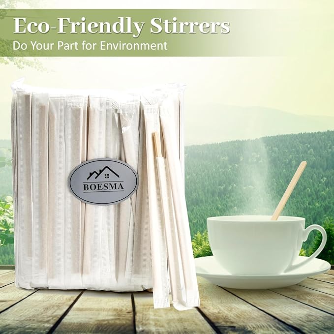 Bamboo Coffee Stirrers Individually Wrapped 200 Count – Coffee Stir Sticks 7 inch Coffee Bar Disposable individually wrapped coffee stirrers for Coffee and Cocktail