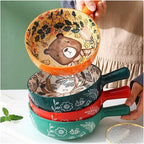 Ceramic Baking Pan, Forest Animals Pattern Tableware With Handle Salad Bowl Au Gratin Dish(Rabbit B round)