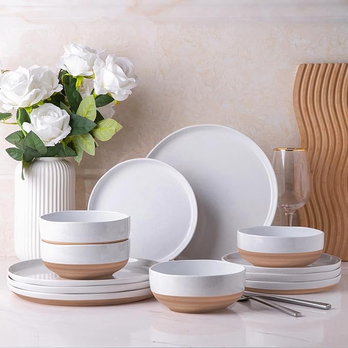 AmorArc Ceramic Dinnerware Sets for 4, 12 Pieces Handpainted Plates and Bowls Set with Rustic Terracotta Underside, Scratch Resistant Stoneware Dishes Set, Dishwasher & Microwave Safe, White