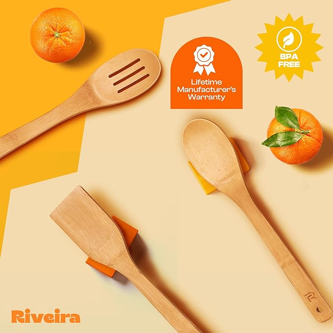 Riveira Bamboo Wooden Spoons for Cooking 3-Piece, Apartment Essentials Wood Spatula Spoon Nonstick Kitchen Utensil Set Premium Quality Housewarming Gifts for Everyday Use