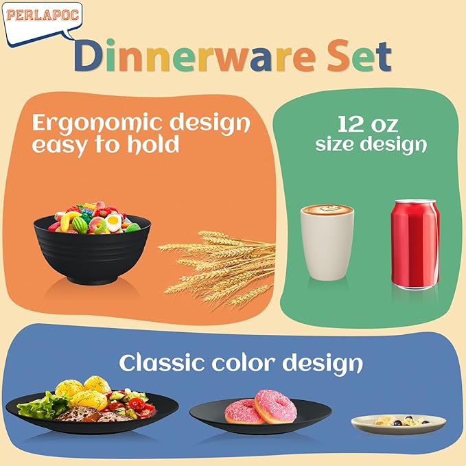 40 PCS Wheat Straw Dinnerware Set | Service for 8 Plastic Dishes Set Unbreakable Plates and Bowls Sets, Drinking Glasses, Dishwasher and Microwave Safe Dish Set for KItchen - Gray Stone