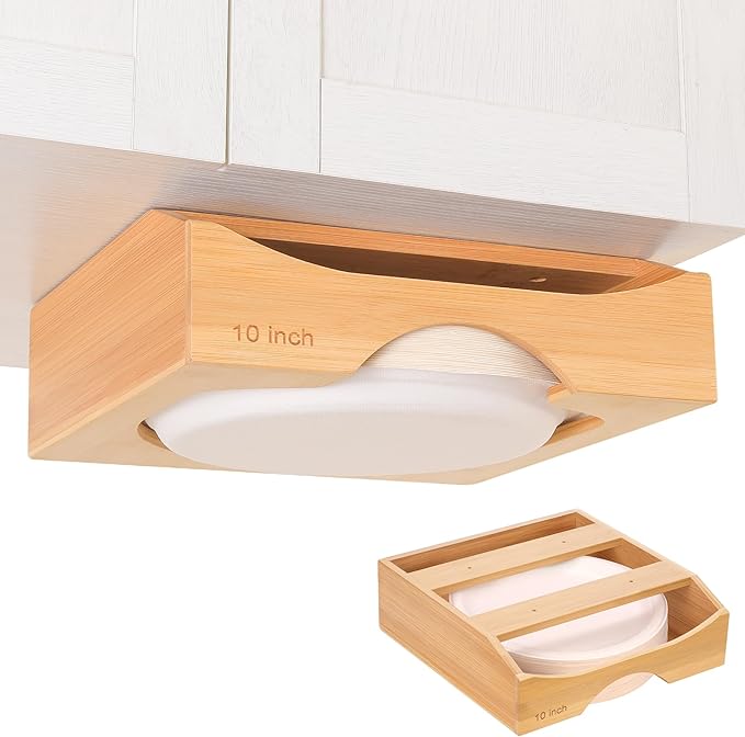 10-inch Paper Plate Dispenser Under Cabinet, Bamboo Paper Plate Holders, Kitchen Counter Vertical Plate Dispensers Holders Countertop Caddy(For 10-inch Plates, Bamboo)
