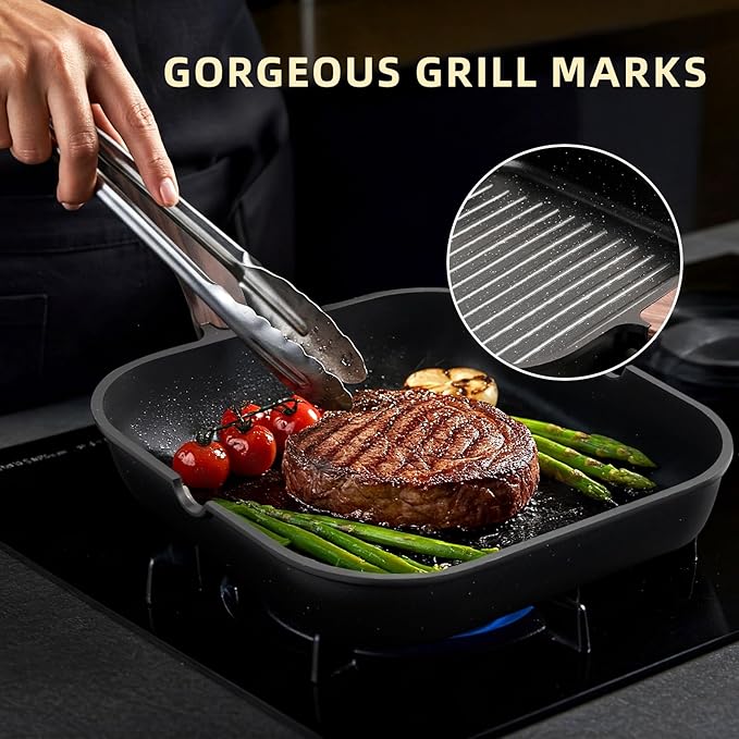 Kikcoin Nonstick Grill Pan for Indoor Cooking，9.5 Inch Versatile Griddle for Stove Tops Steak Pan with Pour Spouts