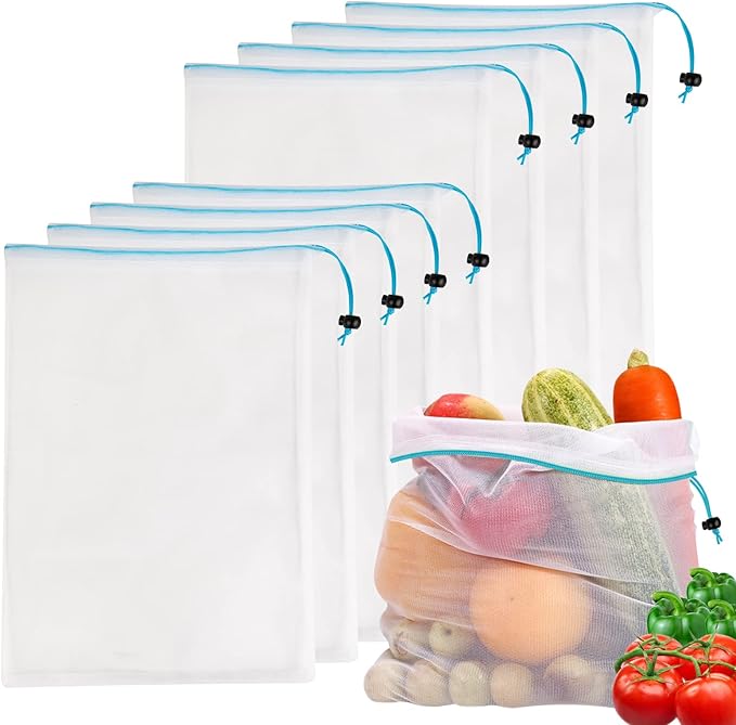 8 Reusable Blue Mesh Produce Bags - Large (12"x17") Washable See-Through Mesh for Fruit, Veg, Toy Storage