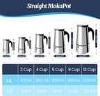 9 Cup Moka Pot Stainless Steel 450ml Italian Espresso Coffee Maker Stovetop Coffee Makers Mocha Pot Percolator Greca Coffee Maker for Induction Stove Portable for Easy Brewing Straight