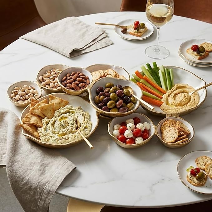 Cluster of 9 Round Serving Bowls Enamel Clusters Decorative Elegant Snack Tray for Olives, Chip & Dip, Nuts, Appetizers & Entertaining Strong Brass & Enamel Home Decor Gifts, Parties & Weddings 22"