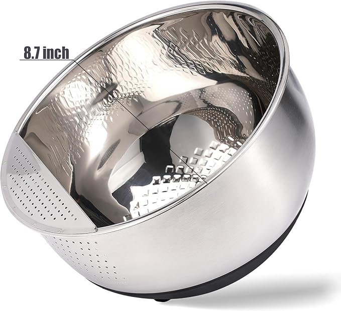 Rice Washer Strainer Bowl Quinoa Washing Bowl Stainless Steel Colander Versatile Side Drainers for Cleaning Rinsing Fruits, Vegetables, and Beans - Tilting Non-slip Silicone Bottom