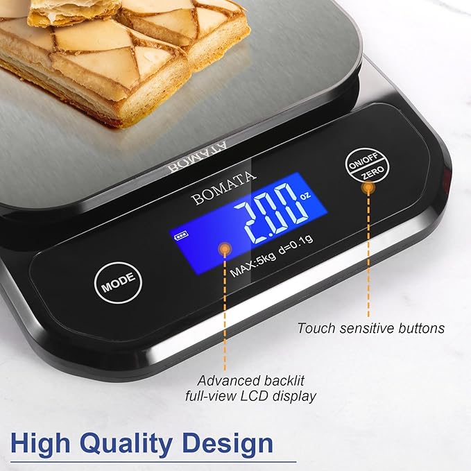 BOMATA Waterproof Kitchen Scale, 0.1g/0.01oz High Precision, 5kg/11lb, Washable, USB Rechargeable, Digital Scale for Food,Cooking, Baking, Weight Loss, Grey