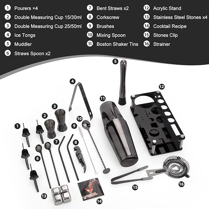 Cocktail Shaker Set, 23-Piece Boston Stainless Steel Bartender Kit with Acrylic Stand & Cocktail Recipes Booklet, Professional Bar Tools for Drink Mixing, Home, Bar, Party - Black