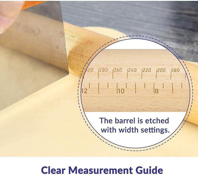 Geesta Adjustable Wood Rolling Pin with 5 Thickness Rings, Precise Dough Roller Handle Press Design with Measurement Guide for Baking Fondant, Pie Crust, Cookie, Pastry - Baking Essential