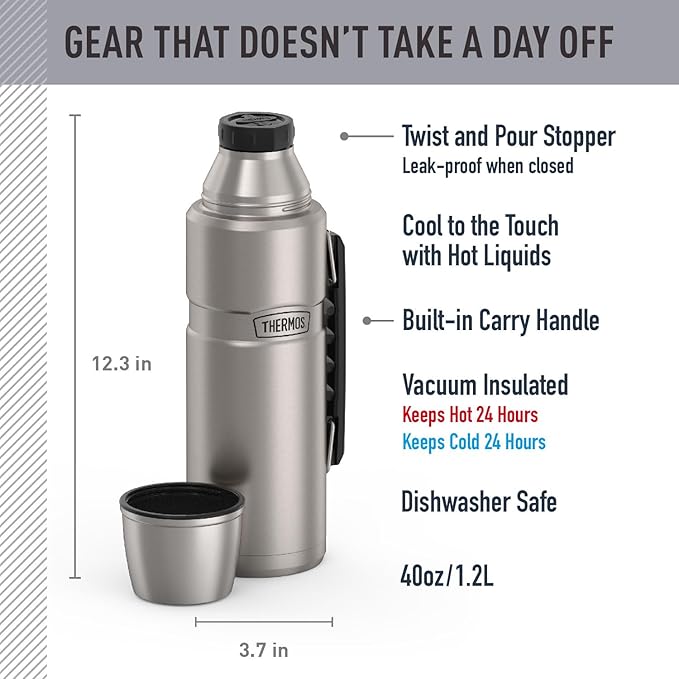 THERMOS Stainless King Vacuum-Insulated Beverage Bottle, 40 Ounce, Matte Stainless Steel