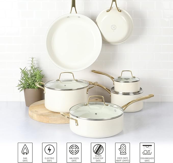 Martha Stewart Lockton Premium Non stick Non Toxic PFA Free Ceramic Interior 10 Piece Heavy Gauge Enamel Aluminum Pots and Pans Cookware Set - Linen White w/Gold Handle