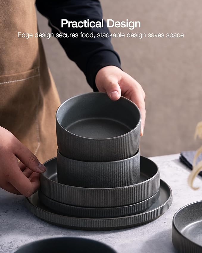 Famiware Star Dinnerware Set with Mugs, Service for 6 (24 Pieces), Ribbed Stoneware Plates and Bowls Dishes Sets - Chip & Scratch Resistant, Microwave & Dishwasher Safe, Matte Dark Charcoal