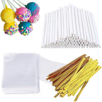 300 PCS Cake Pop Sticks and Wrappers Kit, Including 100ct 6-inch Paper Lollipop Sticks, 100ct Clear Candy Treat Bags Parcel, 100ct Gold Twist Ties for Cakepop, Lollipop, Hard Candy, Suckers, Chocolate