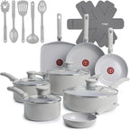 T-Fal Refresh Ceramic Pots and Pans Set, 20-Piece Nonstick Cookware Set, Stockpot, Griddle, Frying Pans, Utensils, Moon Grey