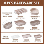 Vinino 8-Piece Baking Pans Set Nonstick, Bakeware Set includes Silicone Muffin, Loaf, Cake Pans with Metal Reinforced Frame, and Carbon Steel Roasting Pan, Cookie Sheet, Cooling rack for Oven