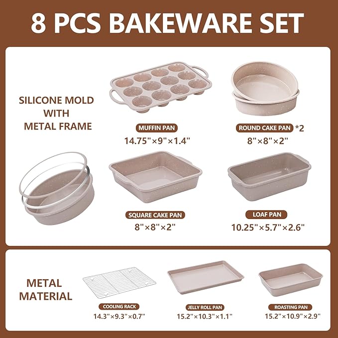 Vinino 8-Piece Baking Pans Set Nonstick, Bakeware Set includes Silicone Muffin, Loaf, Cake Pans with Metal Reinforced Frame, and Carbon Steel Roasting Pan, Cookie Sheet, Cooling rack for Oven