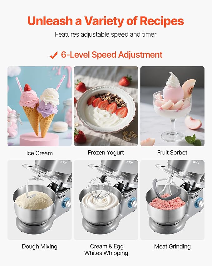 VEVOR Ice Cream Maker, 1.8 Qt. Capacity, 6-Speed Electric Stand Mixer, with LED Digital Display & Timer, Mixing Paddle, Dough Hook, Splash Guard, for Homemade Frozen Yogurt Fruit Sorbet Gelato, Grey