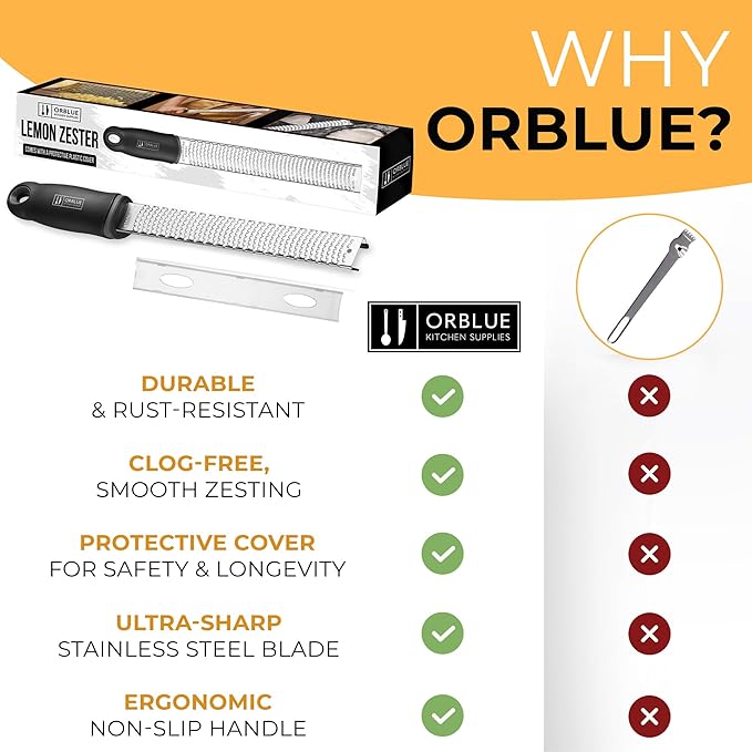 Orblue Lemon Zester & Cheese Grater - Premium Citrus Zester, Kitchen Grater for Parmesan, Chocolate, Fruits, Vegetables, Ginger, Garlic, Nutmeg - Stainless Steel Blades with Protective Cover, Black